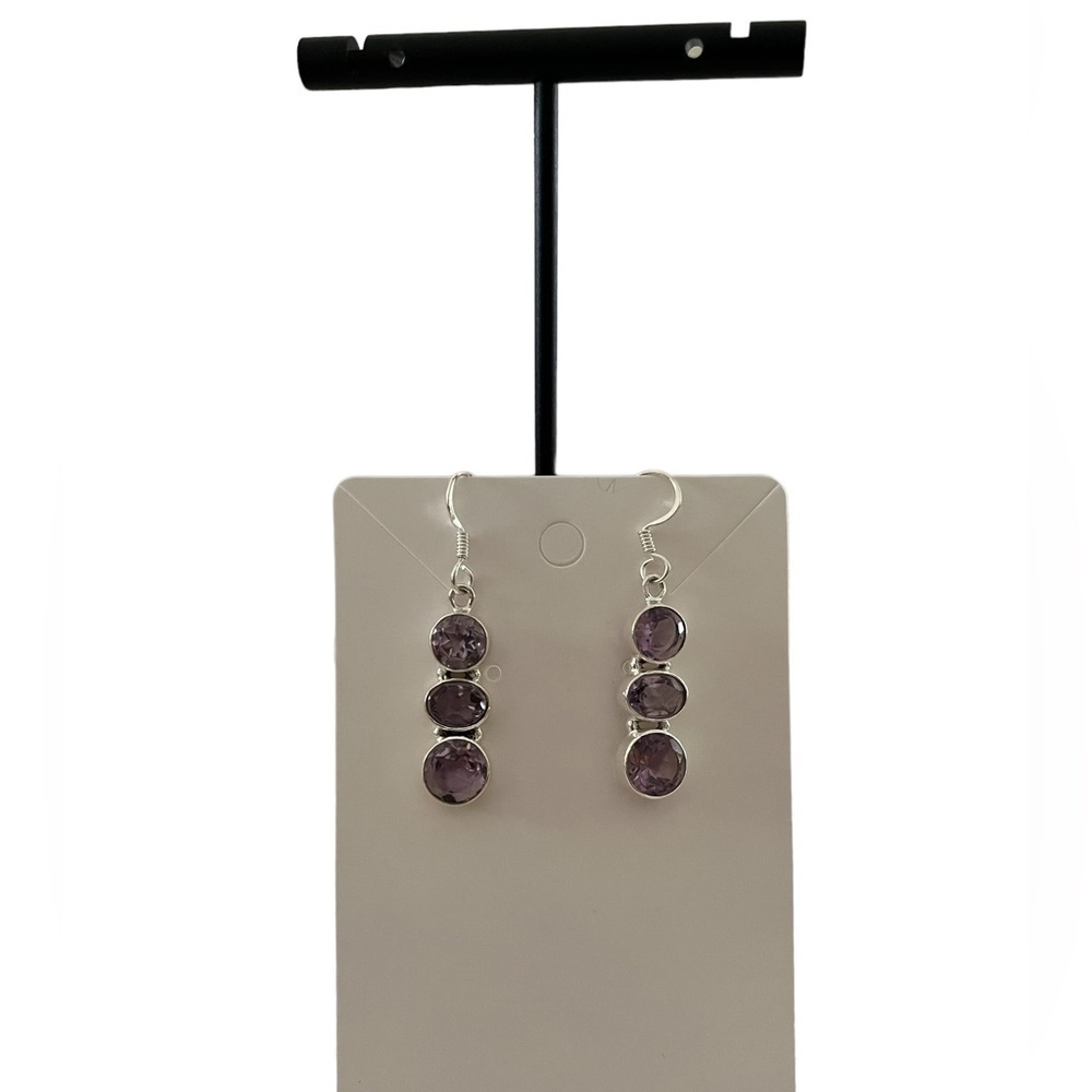 Sterling Silver Purple Stone Drop Earrings | 3 Stone Dangle | Amethyst Look - Picture 2 of 4